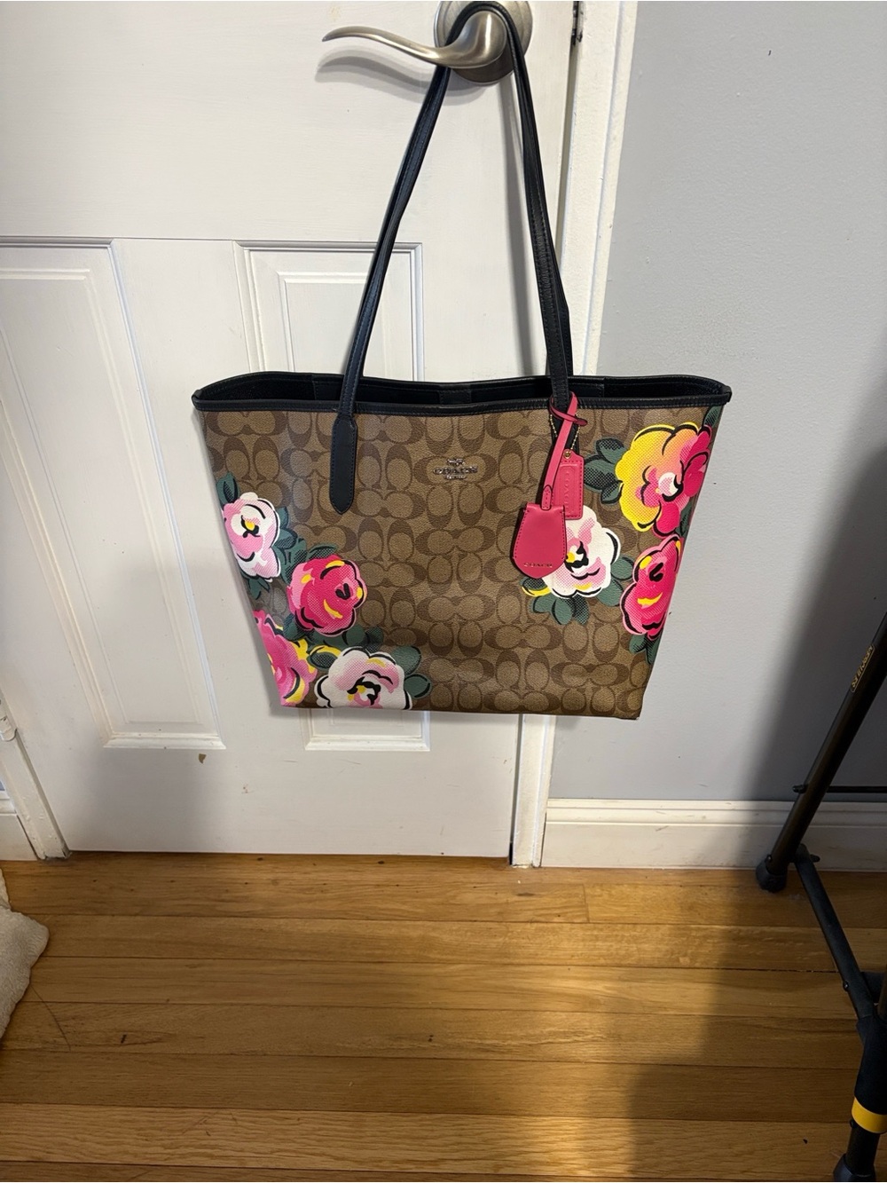 Coach Brown Signature Canvas Tote with Pink Floral Accents-Limited  edition